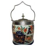 Porcelain and Silver-Plated Biscuit Barrel with Fl