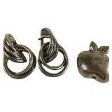 Sterling Silver Earrings and Apple Brooch Set