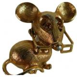 Gold-Toned Mouse Brooch With Eyeglasses and Rhines