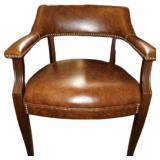 Vintage Wooden Armchair With Brown Leather Upholst