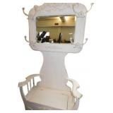 Vintage Wooden Hall Tree With Mirror, Hooks, Bench