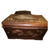 Wooden Chest with Dragon Carving and Mountain Scen