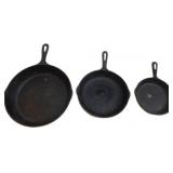Three Cast Iron Skillets Including Cracker Barrel