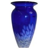10-Inch Blue Art Glass Vase With White Speckled Pa