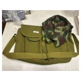 Military-Style Green Canvas Bag and Camouflage Hat