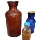 Lot of 3 Vintage Bottles: Amber Lyzol, Blue Emerso