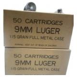 100 Rounds of 9mm Luger 115 Grain FMJ PMC Ammuniti