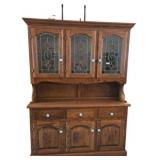 Oak Hutch With Leaded Glass Doors and Storage Cabi