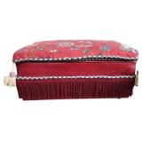 Vintage Floral Upholstered Ottoman With Red Fringe