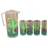 Acrylic Pitcher and 4 Tumblers With Tropical Jungl