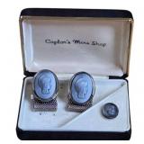 Men's Cufflinks and Tie Pin Set Featuring Blue Cam