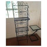 Wrought iron shelving unit and glass topped metal