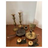 Brass items, including Leo, candlestick holders,