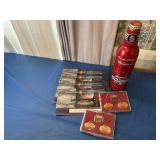St. Louis Cardinals pins, beer bottle and four