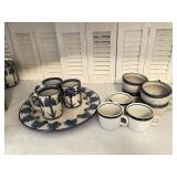 Louisville stoneware platter and three mugs soup