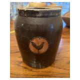 Old brown crock. Rooster circle appears to be