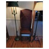 Two floor lamps and one wooden high back small