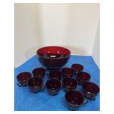 Red glass bowl and 11 red punch cups