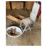 Vintage ironing, board chair, old B smoker,