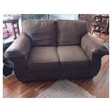Suede love seat with cloth cushions Brown