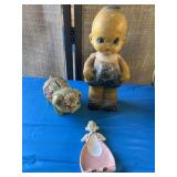 Vintage angel, kid, doll, bank, and spoon rest