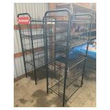 Two wire shelving units. One has the Budweiser