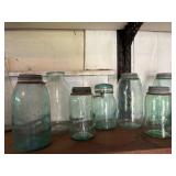 Seven antique canning jars, including Swayzeï¿½s,