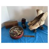 Vintage items, including rollerskates, Land O