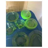Uranium glass, including platter, sugar, bowl,
