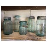 Antique canning jars, including The Gem, Masonï¿½s