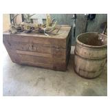 Old trunk and wood barrel. Antlers not included.