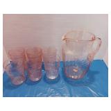 Depression Rose glass picture with six glasses