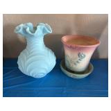 Hull planter and blue vase appears to be FENTON
