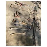 Cobalt, fiberglass handled ax, spades, and other