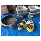 Four paint pails and liners, two ratchet straps