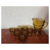 Mid century amber pitcher and glass set