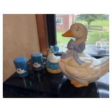 Duck cookie jar, sugar, shaker, and salt and