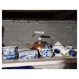 Blue and white glassware. Morton salt coasters.