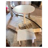 Round table, 2 shelves and stool