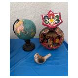 Vintage globe, hand carved nativity scene gourd