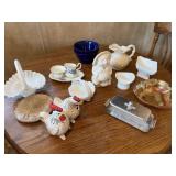 Vintage tanuki bear planter, chicken and rooster,