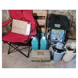 2 Coleman camp chairs, 2 ice cream freezers,