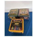 3 tins of New 64 box Crayola crayons. The tin out