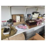 Contents of shelf, jewelry boxes, dishes+