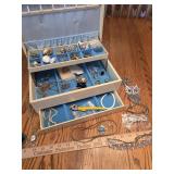 Jewelry box w/ necklaces, earrings, pins & more