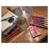 Kitchen items - glass pitcher, knives, glass