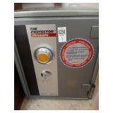 Fire safe. Comes with key. Unknown code.