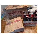 Budweiser wood crate, 2 classic style glasses +