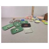 Glass tea set, metal serving trays, and wooden
