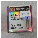 100 Hornady Bullets 22 Cal 75gr ELD Match